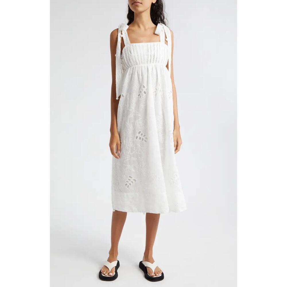 NWOT FARM Rio White Eyelet Embroidered Midi Dress Size M Floral Cotton Boho - Picture 2 of 15